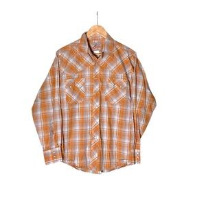 🌵Men’s Vintage Wrangler Orange/White Pearl Snap Button Down Shirt M🌵